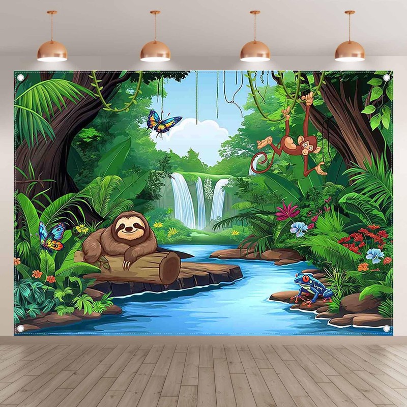 Luminora 7x5ft Fabric Tropical Rainforest Backdrop Jungle Rainforest Safari Animal