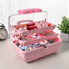 KKONHII Hair Accessories Organizer for Girls, 3-Layers Jewelry Storage Box with Handle, Lockable Folding Craft Organizers, Pink Plastic Storage Container with Cute Bow for Headbands, Clips, Ornaments