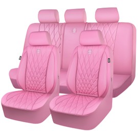 CAR PASS CAR PASS 5 Seats Piping Luxury Leather Seat Covers Full Set, Anti-Slip Waterproof Seat Covers Compatible with Front Armrests, Universal Fit for Suvs,Vans,Trucks,Airbag Compatible, Pure Pink