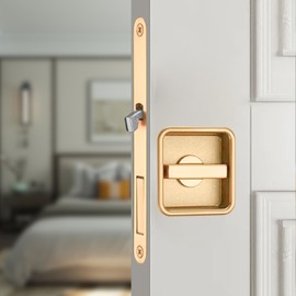 Pocket Door Lock Hardware with Pull, Recessed Handle Latch,Invisible Sliding Door Lock for Bedroom, Kitchen, Barn Door (Square Gold)