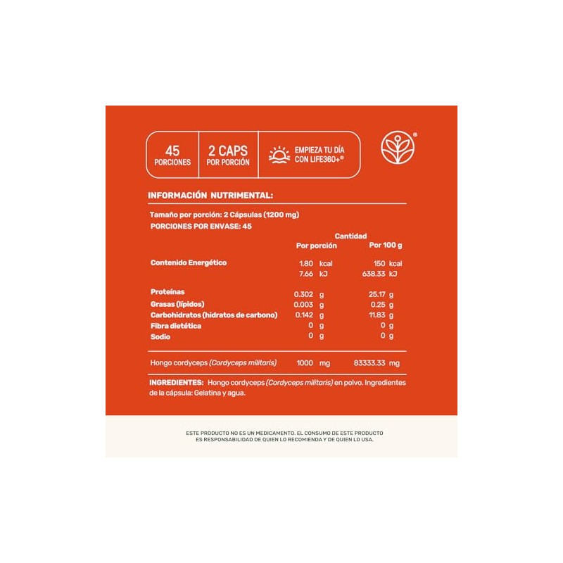LIFE 360 Cordyceps Extracto Puro de Hongo Cordyceps 1200mg, 90