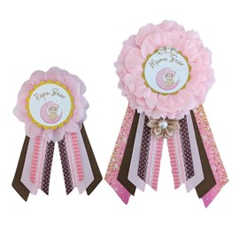 Baby Girl Pink and Brown Teddy Bear Shower Mama And Papa Bear Corsage Set, Girl Baby Sprinkle Mom And Dad Pin Set, Teddy Baby Shower Ribbons For Expecting Parents, Mother and Father To Be Gift