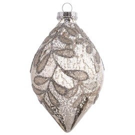 Karma, Christmas Hanging Ornament, Glitter Leaf Glass Teardrop Ornament 5.5" Silver Mercury, Holiday Decoration, Christmas Tree Ornament