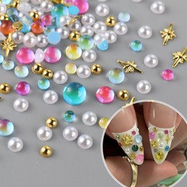 Colorful Bubble Beads Mermaid Nail Art Charms Aurora Pearls Candy Stone Mix Gold Stars Nail Art Rhinestone Half-Round Flat Back Gold Beads Nails Supplies for Women Manicure DIY Crafts Decorations