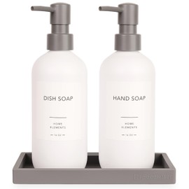 Spacewiser ShatterFree Soap Dispenser Set - PET Plastic Kitchen Soap Dispenser Set, Dish Hand Soap Lotion Dispenser, Countertop Soap Caddy for Bathroom, Includes 8 Labels, 16 oz, Gray Tray