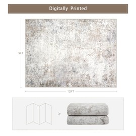 Modern Washable Rugs 9x12 Area Rugs for Living Room,Abstract Rugs for Bedroom,Large Carpets,Ultra Soft Faux Wool Retro Dining Room Rug,Non Slip&Non-Shedding Low Pile Print Rug- Beige Grey