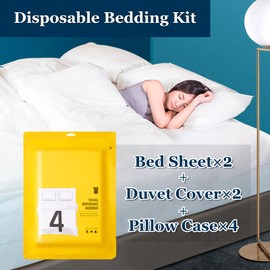 Extguds Disposable Travel Set : Bed Sheet×2+Duvet Cover×2+Pillow case×4+Bath Towels×4+Shower Caps×4+Plastic Bathtub Bag×4+Toilet Seat Covers×4+Compression face Towel×16+Toothbrushes×4+Slippers×4