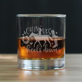 Chin Up Heels Down Horse Riding Design, Hand Engraved 10oz Rocks Glass, Unique Equestrian Themed, Etched Glass