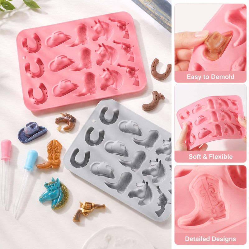 2 Pack Cowboy Chocolate Molds Silicone with Dropper,Western Theme Candy