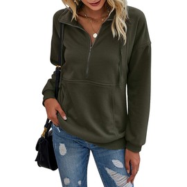 PRETTYGARDEN Women’s Casual Long Sleeve Lapel Zipper Sweatshirt Drawstring Loose Pullover Tops Army Green