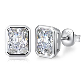 Emerald Cut Earring for Women Men Studs Cubic Zirconia CZ Fake Diamond Bezel Earrings Sterling Silver Square Cut Earring for Men 7MM Hypoallergenic Solitaire Stud Jiahanzb