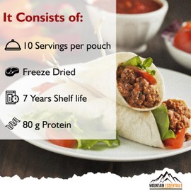 MOUNTAIN ESSENTIALS Freeze Dried Ground Beef Fully Cooked | Ready to Eat | No Water Added | No Preservatives | Survival & Emergency Food For Hunting, Backpacking & Camping Food 10 serving per Pouch Pack of 1