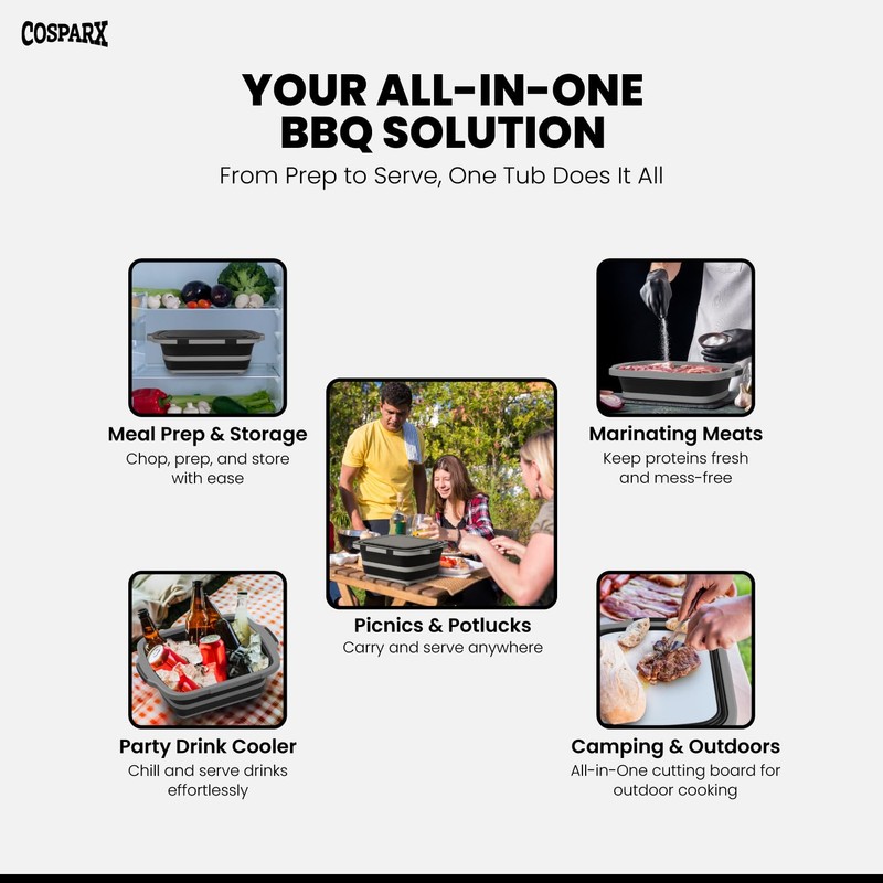 XL Collapsible BBQ Prep Tub with Cutting Board & Drain