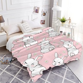 JOOCAR Easter Bunny Throw Blanket Spring White Smile Bunny and Flower Pink Blanket Cozy&Soft Plush Blankets for Bed Couch Living Room Sofa Chair,50x60 Inch