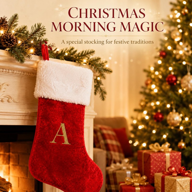 Letter M Red Christmas Stocking Embroidered Plush Xmas Stocking for
