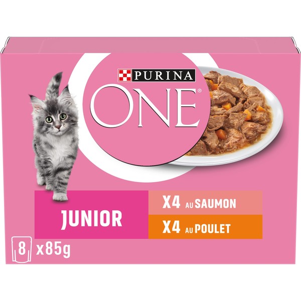 PURINA One Chat Junior - 1 to 12 Months - Tapered in Sauce with Salmon or Chicken - 8 x 85 g - Frilling Bag for Kitten