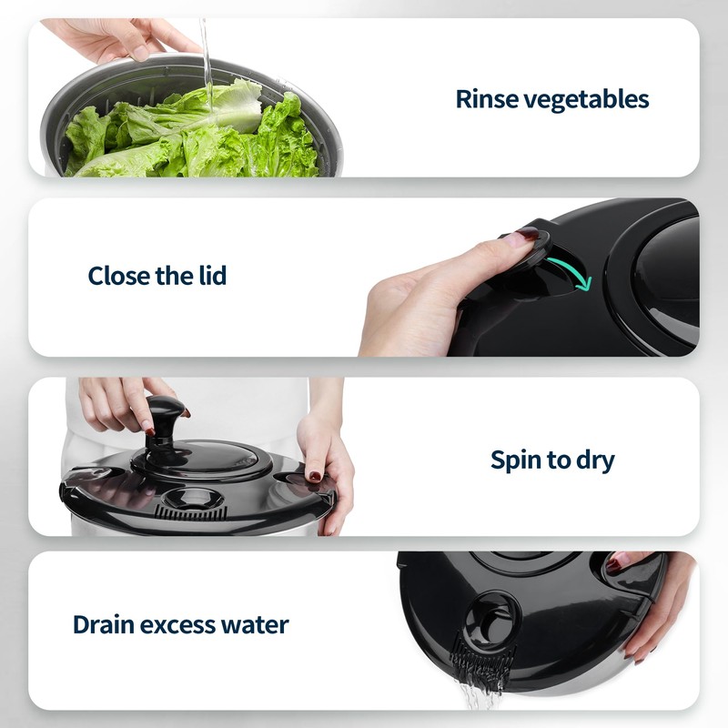 SveBake Stainless Steel Salad Spinner, 4.2 Qt Vegetable Washer, BPA-Free