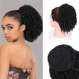 HEVAYO KISS Kinky Curly Ponytail Hair 10Inch Black Synthetic Short Afro Drawstring Ponytail for Black Women （1B# ）