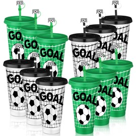 Domensi 12 Pcs Soccer Plastic Tumbler with Lid and Straw 24oz Reusable Plastic Cups with Straw Cover Caps Gifts for Fan Friend Guest Birthday Office Sport Party Supplies (Black White & Green Soccer)