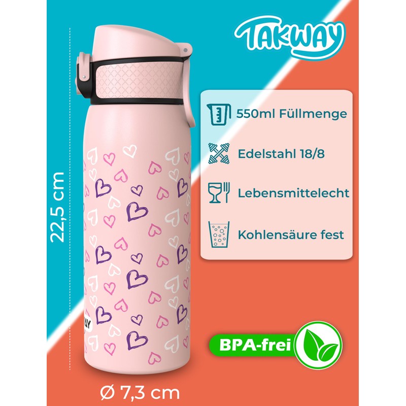 TAKWAY Children's Stainless Steel Drinking Bottle, 550 ml, Leak-Proof, Insulated