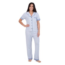 Aerosoles Women's Notch Collar Cozy Pjs 2 Piece Cozy Comfy Lounge Soft Cotton Sleepwear Button-up Pajama Set, Skinny Stripe, Large