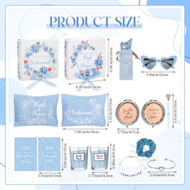 Nuogo 88 Pcs Bridesmaid Proposal Gifts Maid of Honor Gift Bridal Shower Cosmetic Makeup Bags Invited Cards Knotted Bracelets Scrunchies Hair Diamond Pens Favors for Wedding(Blue,Elegant)