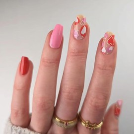 Valentines Press on Nails Medium Square Fake Nails With Love Heart Designs Romantic False Nails Glossy Full Cover Stick on Nails Acrylic Artificial Nails for Women 24 Pcs