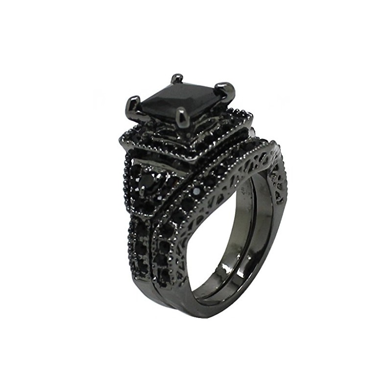Black Onyx Princess Cut Anniversary Wedding Bridal Ring Set, gemstone,