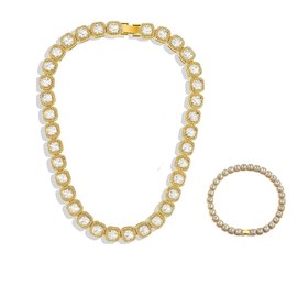 BSLVWG Mens Cuban Link Chain Silver Miami Cuban Necklace Bracelet Bling Diamond Crystal Tennis Necklace Choker Sparking Rhinestone Necklace for Mens Women 13MM Hip Hop Jewelry (Gold)