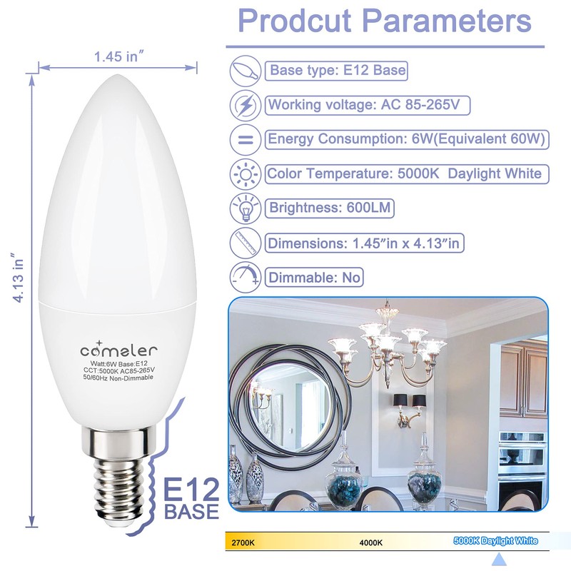 comzler 6W Candelabra LED Bulb, Small Base E12 LED Bulb