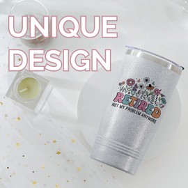 Onebttl Retirement Gifts for Women, Unique Retirement Tumbler for Women, 20oz Stainless Steel Skinny Tumbler with Spill-Proof Lid, Retired Gifts for Grandma, Nurse, Teacher, Glitter Silver - Retired