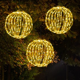 KPROE 12 Inch LED Light Balls Outdoor Set of 3, Hanging Tree Globe Lights with Fold Flat Metal Frame for Outside, Garden, Yard, Christmas Sphere Decoration (Warm White)