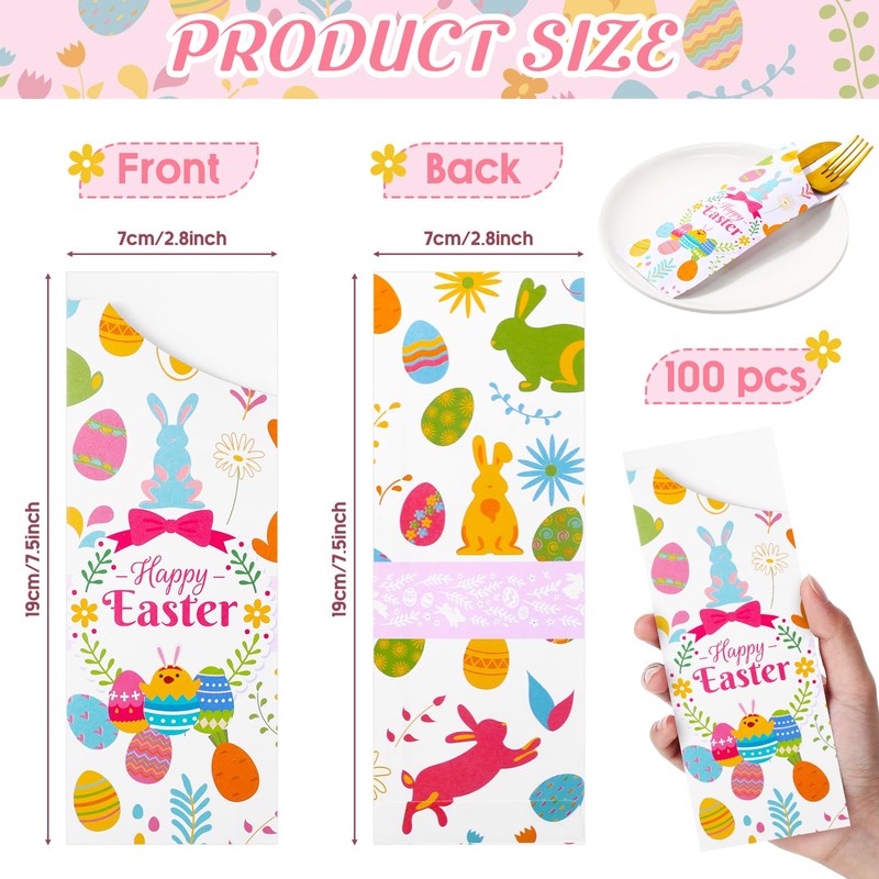 Ireer 100 Pcs Easter Silverware Bags Disposable Paper Cutlery Utensil