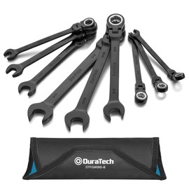 DURATECH 9-Piece Flex-Head Ratcheting Wrench Set, Combination Wrench Set, 72 Tooth, SAE, 5/16'' to 3/4'', Black Electrophoretic Coating, CR-V Steel, with Rolling Pouch