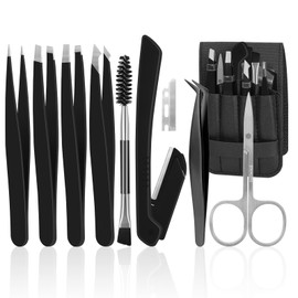 BELICOO Tweezers Set of 8 Stainless Steel Eyebrow Plucking Tweezers with Travel Case, Eyebrow Scissors, Eyebrow Brush & Eyebrow Razor for Eyelashes, Eyebrows, Ingrown Hair (Black)