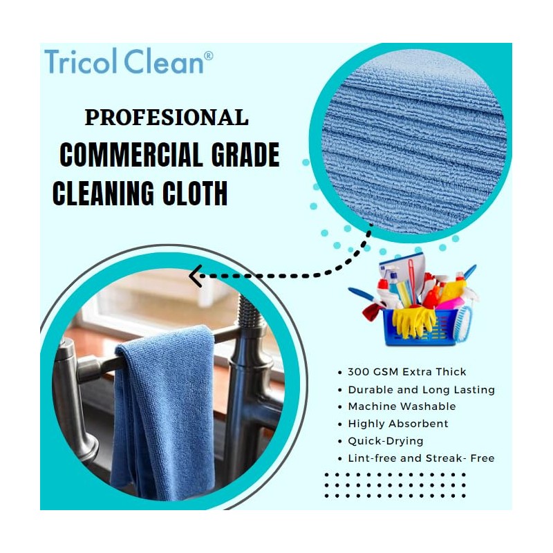 Tricol Clean Microfiber Cleaning Cloth (Commerical Grade, Extra Thick, Extra