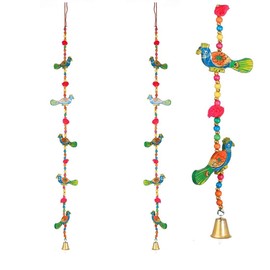 Set of 2 Door Hanging 5 Wooden Birds Peacock String with Bell Christmas Decoration for Home Wall Temple Bedroom Kids Room New Year Decor Gifting (Size:-30" Approx)
