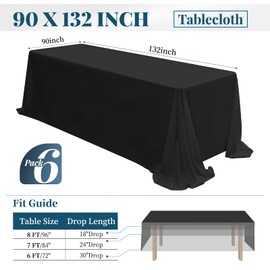 6 Packs Tablecloth 90 x 132 Inch, Black Polyester Table Cloth for 6ft Rectangle Tables, Stain and Wrinkle Resistant Washable Fabric Table Cover for Wedding Banquets Parties Buffet Dining Table