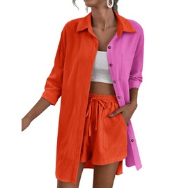 Zeagoo Women’s 2 Piece Lounge Tracksuit Outfit Sets Cotton Linen High Low Shirt and Drawstring Casual Shorts Set