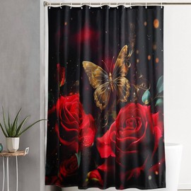 AILONEN - Cortina de ducha 3D de color rojo aceite para mujer amante de Gilrs, mariposas doradas con flores rojas para baño, cortina de ducha de tela impermeable con ganchos, 60 pulgadas de ancho x 72