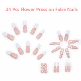 PUSCOBSY Ballerina Press on Nails Flower Rhinestone Fake Nails Long Coffin False Nails White French Tip Acrylic Nails Glossy Square Artificial Stick on Nails for Women and Girls 24PCS