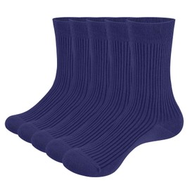 YUEDGE Men's Socks Blue Plain Ribbed Mid Calf Crew Casual Dress Breathable Cotton Socks For Mens Size 5-8, Multipack