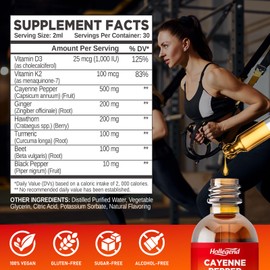 HOLLEGEND Cayenne Pepper Liquid Drops, 500mg Cayenne Pepper Supplement Tincture with Hawthorn, Ginger, Turmeric, 2 Fl Oz