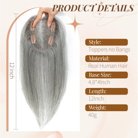 meralona Hair Toppers for Women Real Human Hair Swiss Lace Base Hand-Tied Invisible Hairpiece for Thinning Gray Coverage, Breathable Lightweight Topper with Easy Clip（Mixed Light Grey）