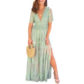 Eleter Women's Romper Dress - Elegant Floral Lace V Neck Short Sleeve Boho Wedding Cocktail Party Maxi Dress (M, Sage Green)