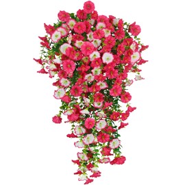 ACRYCS 3 Pcs Artificial Hanging Flowers for Outdoors Morning Glory Artificial Flowers Spring Summer Decoration UV Resistant Hot Pink Faux Flowers for Outdoor Planters Front Door Porch Patio Yard Decor