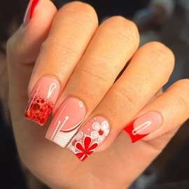 ANDGING Red White Press on Nails French Tip Square Short Medium Glue on Nails for Women Fantasy Fake Nails with Ombre Flower DesignsStick on Nails Gel Manicure Acrylic False Nails for Wedding