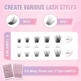 Glowing Win Glowing Win DIY Lash Extension Kit Cluster Lashes Set with Lash Bond Seal and Applicator Mix 2 Packs Individual Eyelashes Natural Look Wispy Manga False Eyelashes Individual Mix8-16mm
