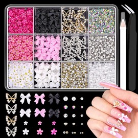 3D Nail Charm Set Butterfly Bow Nail Charms Resin Nail Flowers Shiny Nail Art Gems Flat Back Nail Rhinestones Cute Nail Design Charm Kit with Picker Tools for Makeup Crafts Color D
