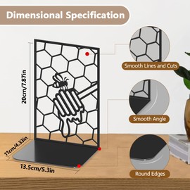 Hobbspring Pack of 2 Honeycomb Bees Decorative Metal Bookends for Heavy Books Robust Bookcase Holder Larger Bookends Used on Desk for Office Home or School